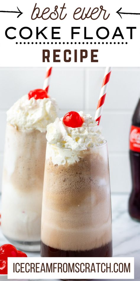 A tall filled with vanilla ice cream scoops and coke, topped with whipped cream, a maraschino cherry and a red and white straw. Coke Ice Cream Float, Coke Float Recipe, Coke Float Bar, Soda Floats Recipes, Ice Cream Soda Floats, Ice Cream Floats Ideas, Coke Slushie Recipe, Floats Ice Cream, Ice Cream Float Bar