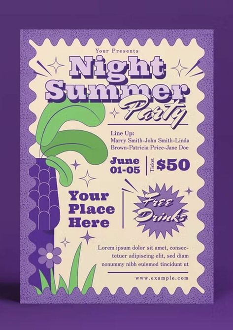 Flyers have high visibility because of their bright colors and attractive designs | #ideas #marketingmaterials #design #flyerdesign #inspiration Event Poster Design Inspiration, Summer Party Flyer, Event Poster Template, Banner Web, Desain Buklet, Flyer Design Layout, Party Flyer Template, Business Poster, Night Summer