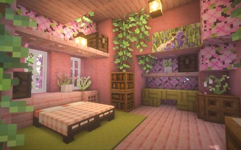 Minecraft Room Cottagecore, Aesthetic Pink Minecraft House, Minecraft Pink Cottage House, Cute Pink Houses Minecraft, Minecraft Bedroom Inspiration, Minecraft Cute Room Ideas, Minecraft Houses Without Mods, Pink Cottage Minecraft House, Pink Cottagecore Minecraft House