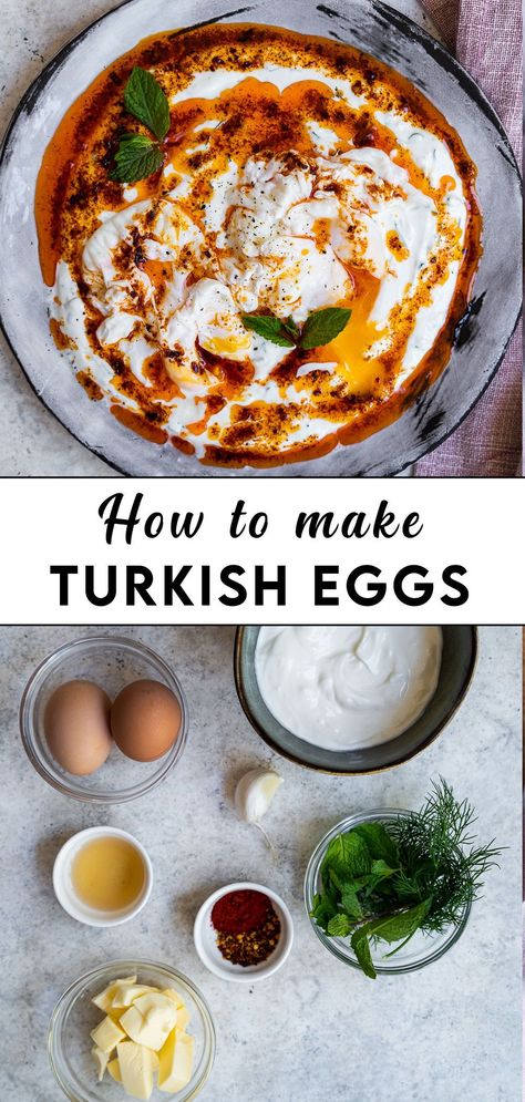 Turkish Egg Recipes For Breakfast, Eggs In Yogurt, Egg And Yogurt Breakfast, Turkey Egg Recipes, Turkish Poached Eggs With Garlic Yogurt, Turkish Eggs With Yoghurt, Eggs And Yogurt, Poached Eggs Recipe Breakfast, Runny Egg Recipes