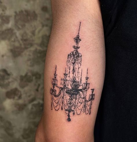 insta: lucky.you.tattoo Gilded Age Tattoo, Black Chandelier Tattoo, Vintage Chandelier Tattoo, Victorian Flash Tattoo, Cathedral Arm Tattoo, Cher Tattoo Ideas, Skull Tattoos Aesthetic, Vintage Jewelry Tattoo, Merry Go Round Tattoo