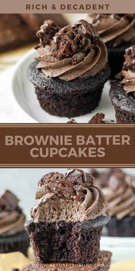 These award-winning Triple Chocolate Brownie Cupcakes re-imagine fudgy brownies in the form of an over-the-top cupcake! A rich and moist chocolate cake base is topped with creamy brownie mix frosting, then finished off with brownie chunks and hot fudge. Cake Base, Brownie Cupcakes, Gourmet Cupcakes, Cupcake Flavors, Cupcake Recipe, Oreo Dessert, Triple Chocolate, Fudgy Brownies, Brownie Mix