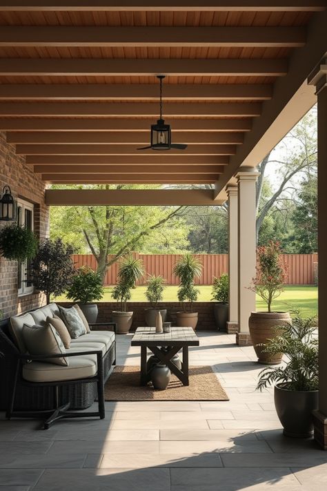 Looking to elevate your outdoor living space? Discover 15 stunning ideas for covered patios that bring comfort and style to any backyard! From inviting furnishings to cozy fire pits, we have creative solutions to inspire your perfect retreat. Each idea ensures that you not only protect yourself from the weather but also create a beautiful atmosphere. Transform your patio into a relaxing oasis with these fabulous tips and inspirations! Pergola With Chimney, Covered Patio Ranch House, Covered Stone Patio, Lean To Back Porch Patio, Back Patio Remodel, Simple Covered Patio Ideas, Texas Backyard Patio Ideas, Patio With Screened In Porch, Covered Porch Flooring Ideas