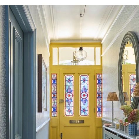 Laura Stephens on Instagram: "Don’t ignore your hallway….. door in #babouche #farrowandball @farrowandball 📷 @boz_gagovski" Front Door Stained Glass Window, Purple Front Door, Colorful Hallway, Bright Hallway, Hallway Door, Entryway Inspiration, Front Entryway, Walking Out, Cottage Interior