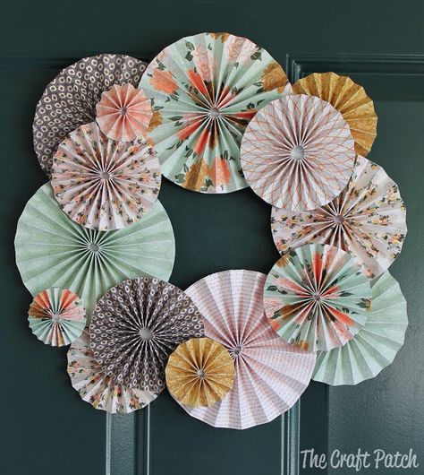 Scrapbook Paper Projects, Folded Paper Flowers, Paper Medallions, Creative Wreaths, Traditional Wreath, Fun Wreath, Paper Rosettes, Accordion Fold, Paper Wreath