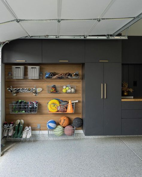 JESSICA AKEMON (@mrsjessicadarling) | Instagram Garage Work Shop Ideas, Garage Storage Around Fridge, Third Car Garage Ideas, Garage Cabinet Ideas Design, Chic Garage Ideas, 2 Car Garage Renovation, Garage Gym And Storage Ideas, Modern Garage Storage Ideas, Modern Garage Storage