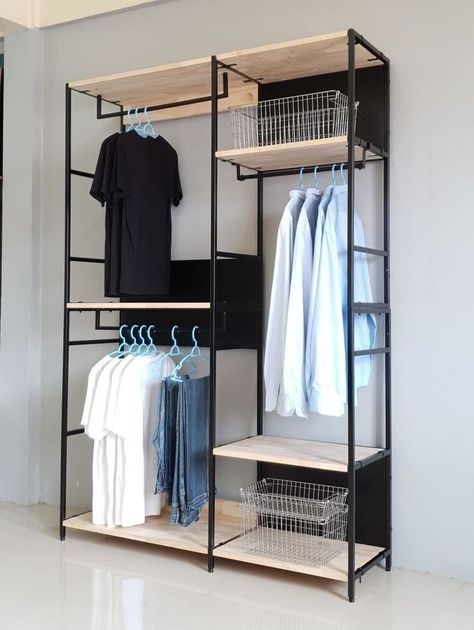 Inspiration Dressing, Clothing Rack Bedroom, Mens Room Decor, Mens Bedroom Decor, Store Shelves Design, Steel Furniture Design, Welded Furniture, Simple Closet, Closet Design Layout