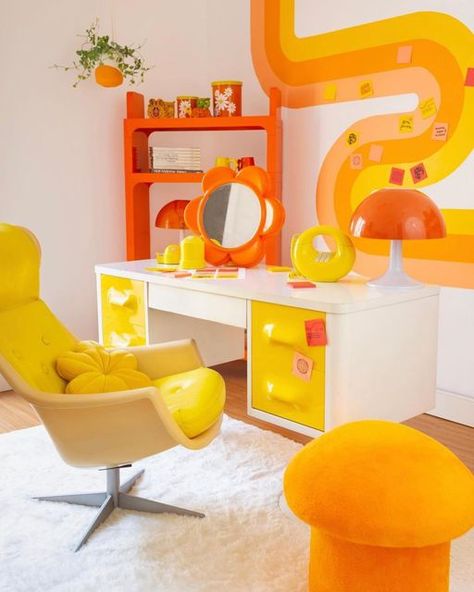 Groovy Bedroom, Groovy Interiors, 70s Room, Groovy Room, 70’s Decor, 70s House, Orange Rooms, 70s Interior, Basement Inspiration