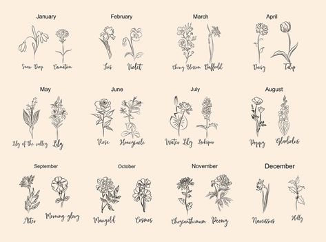 Flower Meanings Chart, Birth Flower Chart, Flower Bouquet Tattoo, December Birth Flower, Free Birth, Tattoo For Boyfriend, July Birth Flower, January Birth Flowers, May Birth Flowers