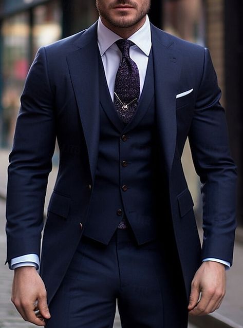 Mens Dress Suits Ideas, Dark Navy Blue Wedding Suit, Champagne Bridesmaid Dresses With Navy Blue Grooms, Grooms Navy Blue Suit Wedding, Mens Suits Outfits, Men’s Blue Suits, Men’s Wedding Tux Styles, Navy Blue Wedding Suit Groom Attire, Navy Blue Wedding Suit Groom