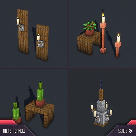 Gama on Instagram: “Four vanilla ways to use candle in Minecraft!😃 ⚠️Original Content ! Repost is allowed with mentions. ▬▬▬ [ ignore ] ▬▬▬ #minecraft…” Minecraft Open Space Ideas, Over The Garden Wall Palette, Potion Making Room Minecraft, Witch Interiors Minecraft, Minecraft Build Decoration, Minecraft Shoe Rack, Minecraft Furniture Designs, Minecraft Interior Lighting, Minecraft Build A World In 30 Days