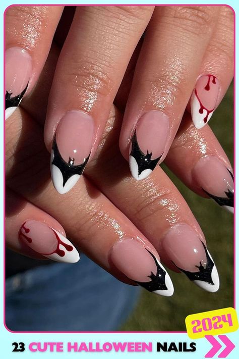 Black and white almond-shaped acrylic nails with blood drip effects on a glossy finish. These dramatic, cute Halloween nails are perfect for those who want to embrace the darker side of Halloween, ideal for themed events or parties. Nail Bat, Bat Nails, Nail Appointment, Nail Goals, Halloween Press On Nails, Cute Halloween Nails, Easy Nails, Her Nails, Blush Nails