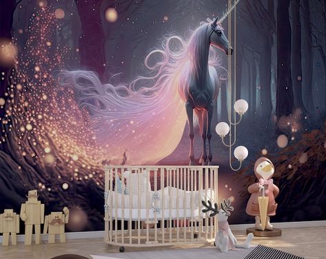 Rainbow Background With Winged Unicorn Silhouette With Stars Wallpaper Little Girls Bedroom Mural - Etsy Bedroom Unicorn Room Ideas, Unicorn Bunk Bed, Unicorn Nursery Theme, Unicorn Bedroom Ideas, Unicorn Mural, Unicorn Wall Mural, Wallpaper Unicorn, Playroom Mural, Kids Room Wall Murals