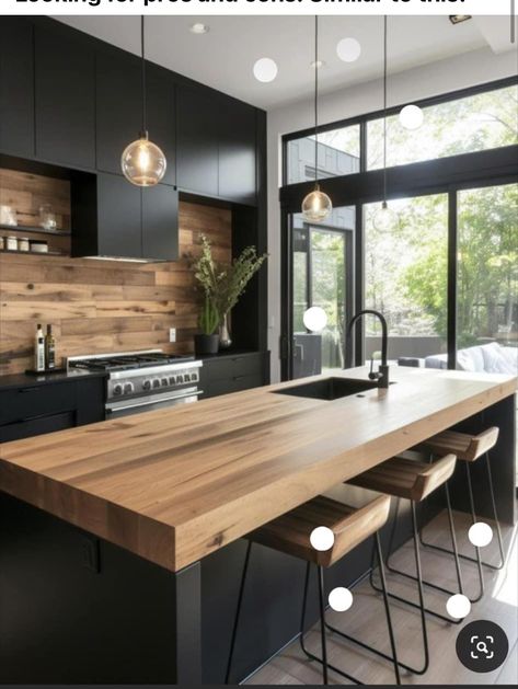 Серая Кухня, Butcher Block Island, Black Kitchen Island, Chalet Design, Kitchen Design Open, Block Island, Island Ideas, Kitchen Inspiration Design, Black Cabinets