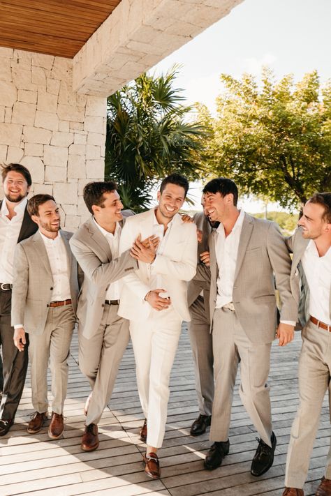 Beach Wedding Groom Attire, Beach Wedding Groom, Cancun Destination Wedding, Beach Wedding Suits, Taupe Wedding, Wedding Groomsmen Attire, Beach Wedding Attire, Mens Wedding Attire, Groom Wedding Attire