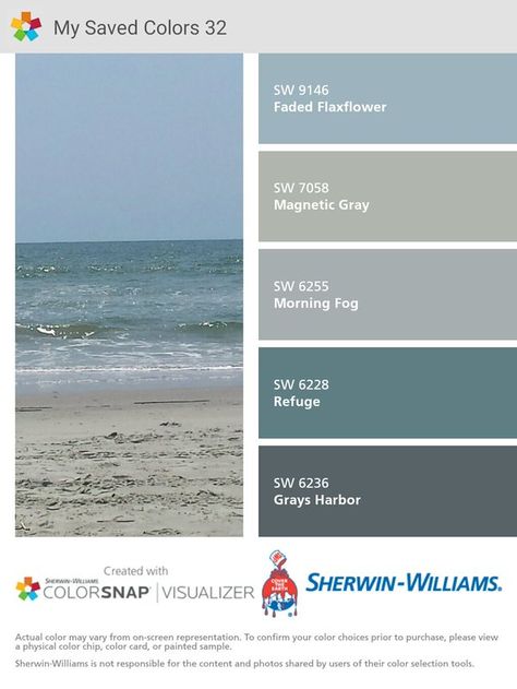 Grays Harbor paint color SW 6236 by Sherwin-Williams. View interior and exterior paint colors and color palettes. Get design inspiration for painting projects. Sophisticated Beach House Interiors, Sherwin Williams Refuge, Faded Flaxflower, Painting Bedrooms, Florida Bedroom, Magnetic Gray, Calm Bedroom, Grays Harbor, Coastal Paint