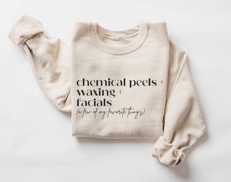 This "chemical peels, waxing & facials (a few of my favorite things)" sweatshirt would make the perfect graduation gift for estheticians! Want this in a t-shirt instead? You can find it here: https://www.etsy.com/listing/1338746371 * HOW TO ORDER * 1. Look through the photos at the different colors and the sizing chart (all shirts & sweatshirts are unisex sizing) 2. Select the size and color you want from the drop down menus. 3. Choose the quantity you want in that size and color. 4. If applicable, add your custom wording under the "personalization" tab. 5. Click "add to cart" then you can go back and add different colors and sizes the same way if wanted. 6. Click "proceed to check out" 7. Wait for your new favorite shirt or sweatshirt to come in and enjoy! * BELLA CANVAS 3001 SHIRT MATERI Esthetician Clothes, Esthetic Business, Esthetician Graduation, Esthetician Apparel, Esthetician Posts, Esthetician Quotes, Salon Design Ideas, Esthetics Room, Esthetician Room