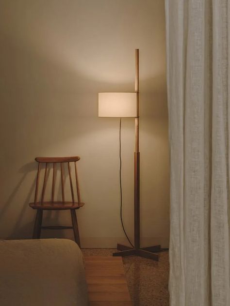 Santa & Cole Walnut Floor Lamp, Floor Lamp In Living Room, Wooden Columns, Elegant Floor Lamps, Traditional Floor Lamps, Walnut Floors, Tastefully Simple, Santa Cole, Gold Floor Lamp