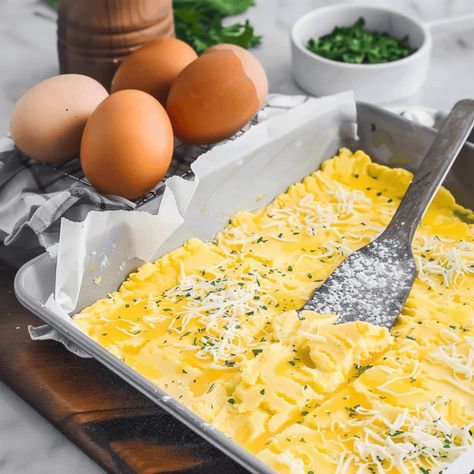 Fluffy Sheet Pan Eggs - Recipes, Tasks & Tools Baked Eggs Sheet Pan, Baked Scrambled Eggs Oven Sheet Pan, Fluffy Sheet Pan Eggs, Pan Eggs Sheet, Sheet Eggs In Oven, Egg Sheet Pan Bake, Sheet Pan Eggs With Cottage Cheese, Sheet Pan Eggs In The Oven, Sheet Pan Eggs For Breakfast Sandwiches