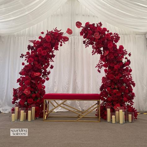 MELDA’NIN KINA GECESI Red Floral Arch Set Up. Perfect for Henna Night, Engagements, Engagement Parties, Weddings and Much Much! Items Used; - Red Artificial Deconstructed Floral Arch Hire - Red & Gold Love Seat/Bench Hire - Hurricane Vase Hire + LED Pillar Candle Hire Get in contact to discuss your requirements! ✨ Wedding Engagement Decorations, Wedding Decorations Red And Gold, Prom Set Up, Red And Gold Backdrop, Red Wedding Backdrop, Red Wedding Arch, Wedding Gate, Red Gold Wedding, Night Wedding Decor