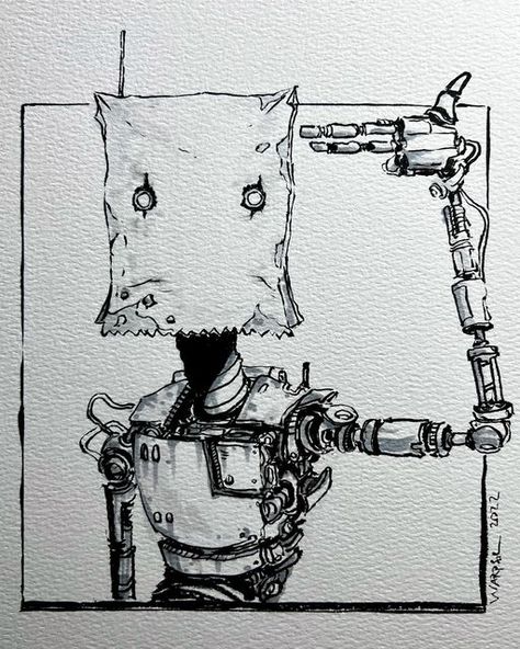 Warpsol on Instagram: "“It is a mistake to think that the practice of my art has become easy to me.” - Mozart. YouTube video is almost done. Concept brush pack v.1 is available on patreon. I’m addicted to coffee. This robot is emo. Just Facts. - - - - - - #art #drawing #scifi #scifiart #dystopian #artwork #drawingoftheday #characterdesign #characterart #originalcharacter #inking #illustration #conceptartwork #characterconcept #conceptartist #oc #scificoncept #scifiartwork #scifiartist #anime # Easy Drawing Anatomy, Ink Art Illustration, Drawing Ideas Cool Inspiration, Cute Ink Drawings, Cool Artwork Ideas, Charicaturism Drawing, Art Ideas Characters, Robot Art Reference, Camera Head Character