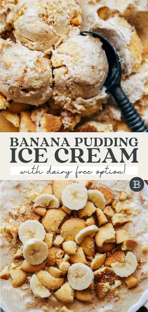 This banana pudding ice cream is made super easy and no churn! It has all the creamy rich flavors of banana pudding but in ice cream form - simple to make regular or dairy free. Summer Ice Cream Flavors, No Churn Banana Ice Cream, Ice Cream Churn Recipes, Churned Ice Cream Recipes, Ice Cream Recipes No Churn, Dairy Free Ice Cream Recipe, Pudding Ice Cream Recipe, No Churn Ice Cream Recipes, Best Chocolate Chip Muffins