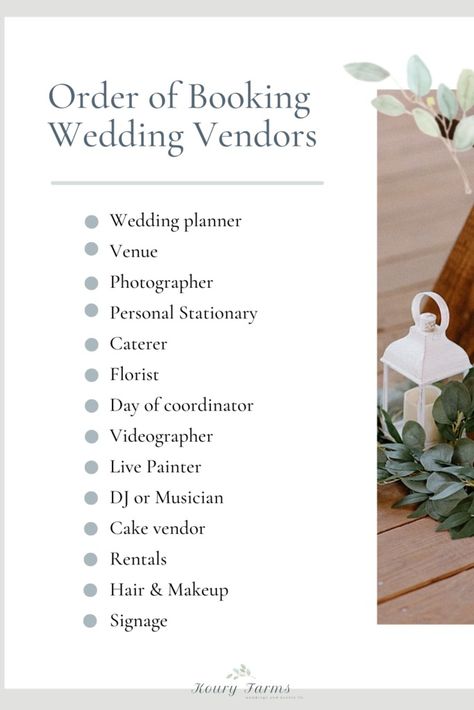 Wedding Vendor Checklist - kouryfarmsweddingsandevents.com Wedding Planning Vendor Checklist, Wedding Vendor Booking Timeline, Vendors For Wedding Checklist, Vendor Checklist Wedding, List Of Wedding Vendors Needed, Order Of Wedding Planning, Wedding Vendor Checklist, Gala Checklist, Wedding Vendor Ideas