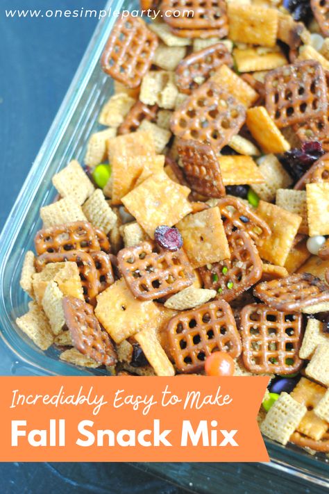 School Snack Mix Recipes, Easy Snack Mixes For A Party, Hayride Snack Ideas, Cereal Snack Recipes, Fall Snack Mixes No Bake, Easy Party Mix Snacks, Fall Snack Mix Ideas Sweet And Salty, Sweet And Salty Halloween Chex Mix Recipes, Fall Crunch Munch