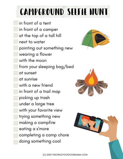 Camping Selfie   Emoji Photo Scavenger Hunt [Free Printable PDFs] Things To Do When Your Camping, Fun Camping Games For Families, Stuff To Do While Camping, Fun Camping Activities For Kids, Camp Counselor Ideas Activities, Camping For Kids Activities, Teen Camping Activities, Girl Scout Camping Ideas, Scout Activities Ideas