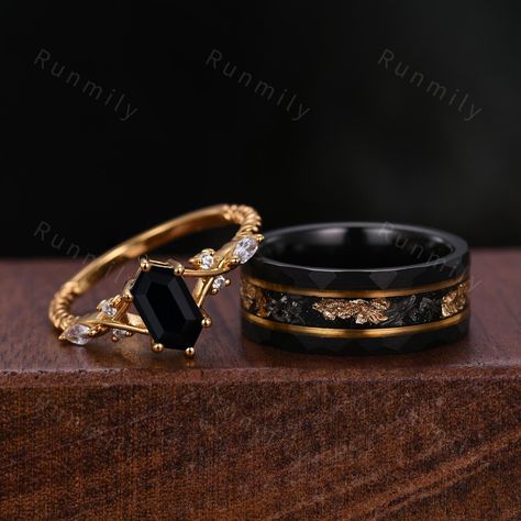 Here we have a PCS Black Onyx Couples Ring Set Yellow Gold Matching Promise Ring His and Hers Wedding Band Mens Meteorite Gold Leaf Ring Natural Black Gem. Moss Agate Ring Set: www.etsy.com/listing/1735933236/vintage-moss-agate-couples-ring-yellow?click_key=20bb454fd03f538422e2ed49dd8afbb93ded48d5%3A1735933236&click_sum=9692b694&ref=shop_home_active_6&pro=1&frs=1 ITEM DESCRIPTION ✦ Handmade, high-quality item! ✦ Material: Sterling Silver/Tungsten ►Sold as a two-piece set ►His ring is Yellow Gold Black Promise Ring For Him, Wedding Rings Sets His And Hers Black, Couples Ring Gold, Matching Promise Rings Gold, Wrdding Rings, Masc Engagement Rings, Black Men Wedding Ring, Woman Ring Design, Wedding Rings Sets His And Hers Gold Couple