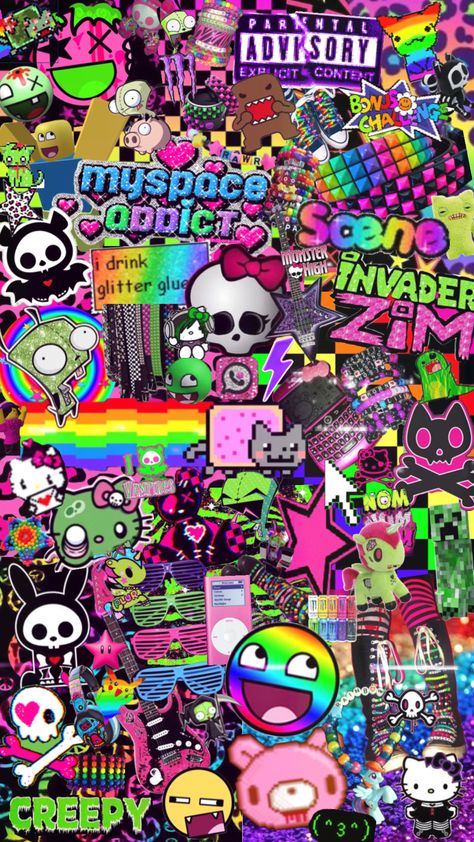 Scene Kid Wallpaper, Scene Emo Wallpaper, Scene Kid Aesthetic, Scene Core Wallpaper, Rainbow Scene, Scene Icons, Scenecore Art, Scene Icon, Y2k Wallpaper Iphone