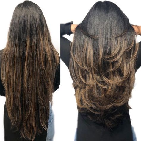 Extra-Long Piece-y Flipped Up V-Cut Long Brown Hair With Layers Balayage, Layers For Extra Long Hair, One Length Vs Layers Long Hair, Very Layered Hair Long, Extra Long Haircuts, Long Hairstyles Cuts Haircuts, Long Graduation Haircut, Hair For Long Haircuts, Long V Haircut With Layers