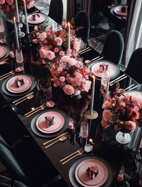 Black Pink Table Decor, Dark Pink Table Setting, Pink Black Gold Party Decoration Table Settings, Black Tablecloth Pink Flowers, Black And Peach Wedding Decor, Pink And Brown Table Decorations, Pink And Black Dinner Table Decor, Black White Pink Wedding Decor, Black And Pink Event Decor