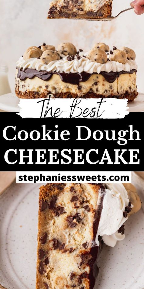 Peanut Butter Cookie Dough Cheesecake, Choc Chip Cookie Dough Cheesecake, Oreo Cookie Dough Cheesecake, Cheesecake With Chocolate Chip Cookie Crust, Cheesecake Recipes Cookie Dough, Easy Cookie Dough Cheesecake, Cookie Dough Crust Cheesecake, Cheesecake With Cookie Dough Crust, Chocolate Chip Cookie Dough Desserts