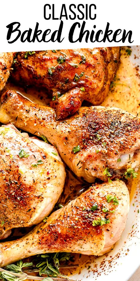 Simple, wholesome, and full of flavor, these Classic Baked Chicken Pieces are coated in a smoky seasoning blend and roasted up tender and real juicy! Baked Chicken Oven Recipes, Classic Baked Chicken, Soul Food Baked Chicken Recipes, Sunday Baked Chicken, Best Baked Chicken Seasoning, Oven Roast Chicken Pieces, How To Season Baked Chicken, Roasted Baked Chicken, Baked Chicken In The Oven Recipes