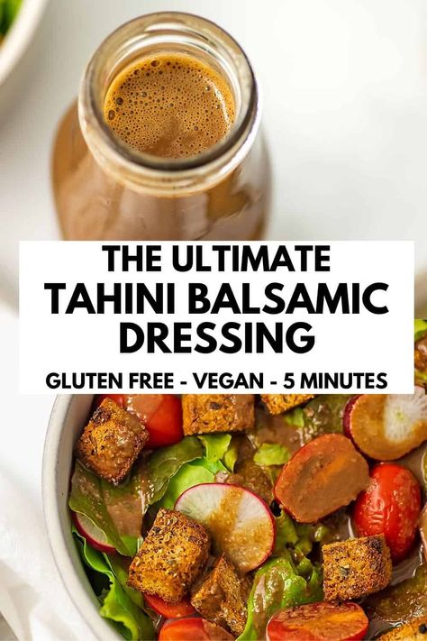 Tahini Balsamic Dressing is creamy, tangy, and easy to make with simple ingredients in just 5 minutes. It's also oil-free, whole food plant-based, Whole30 compliant, vegan, gluten-free, and dairy-free, making it a versatile choice for meal prep or any occasion. Oil Free Balsamic Dressing, Balsamic Tahini Dressing, Tahini Dressing Salad, Olive Dressing Recipe, Vegan Tahini Dressing, Vegan Dressings, Salad With Tahini Dressing, Oil Free Salad Dressing, Tahini Salad Dressing