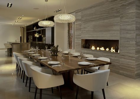 Modern dining room design | more inspiring images at http://diningandlivingroom.com/category/dining-room/ Contemporary Dining Room Design, Dining Room Design Modern, Linear Fireplace, White Chairs, Dining Room Contemporary, Interior Design Dining Room, Dining Room Interiors, Beautiful Dining Rooms, Luxury Dining Room