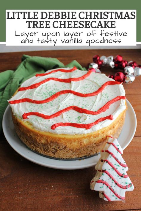 This Little Debbie Christmas tree cheesecake is the ultimate in holiday treats. It has big vanilla flavor in such a festive package. Let me tell you, it lives up to the hype! Little Debbie Christmas Tree Snack Cake Cheesecake, Little Debby Christmas Tree Cake, Little Debbie Tree Cheesecake, Little Debbie Cheesecake Christmas Tree, Christmas Tree Cake Cookies, Christmas Cheesecakes Ideas, Christmas Tree Cheesecake Little Debbie, Little Debbie Cheesecake, Christmas Tree Cake Dessert