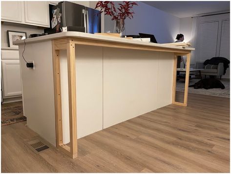 Extend Island Countertop Diy, Beadboard Kitchen Island Diy, Wainscotting On Kitchen Island, Diy Kitchen Island End Panels, Kitchen Island Drywall Ideas, Kitchen Island Supports, Kitchen Island End Cap Ideas, Fyi Kitchen Island, Drywall Island Makeover