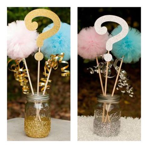 Silver or Gold? Get prepared to surprise your guests with these adorable gender reveal baby decor pieces for your party tables. #tablecenterpiece Foto Gender Reveal, Gender Ideas, Gender Reveal Party Food, Gender Reveal Box, Creative Gender Reveals, Gender Reveal Party Theme, Idee Babyshower, Gender Reveal Party Invitations, Baby Reveal Party