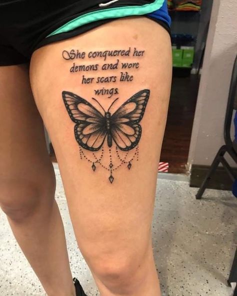 Women’s Meaningful Tattoo Ideas, Butterfly Tattoo With Quote Strength, Tattoo Ideas Front Thigh, Butterfly And Flower Tattoo With Quote, Tatto Ideas For Girls With Meaning, Tattoos For Upper Thigh, Neat Tattoos For Women, Tattos For Girls Meaningful, Different Tattoo Ideas For Women