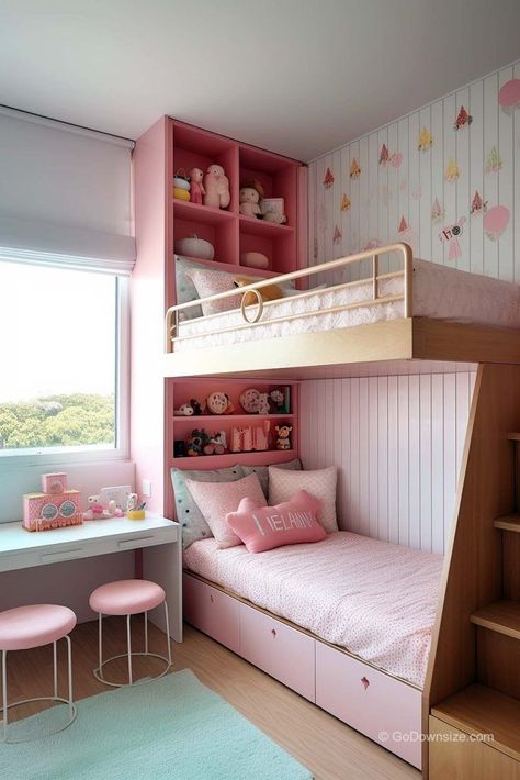 Up next is another room for siblings who would like to share a room. Room For Siblings, Room With Bookshelves, Bunk Beds For Girls Room, Small Girls Bedrooms, Bunk Beds Small Room, Small Kids Bedroom, Sibling Room, Girls Bunk Beds, Bunk Bed Rooms