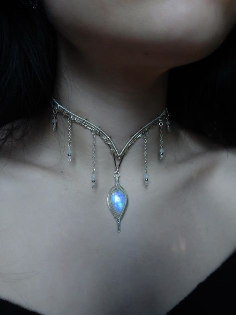 Silver And Stone Jewelry, Glowing Jewelry, Elven Necklace, Chandelier Necklace, Necklace Fairy, Elven Jewelry, Sterling Silver Choker, Fairy Jewelry, Magical Jewelry