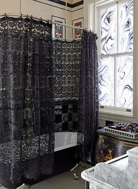 This bathroom's Signature Hardware tub has a lace curtain, adding to the gothic feel of the space. Casa Rock, Lace Shower Curtains, Gothic Bathroom, Dark Home Decor, New York City Apartment, Goth Home, Goth Home Decor, Dark Home, Bath Room