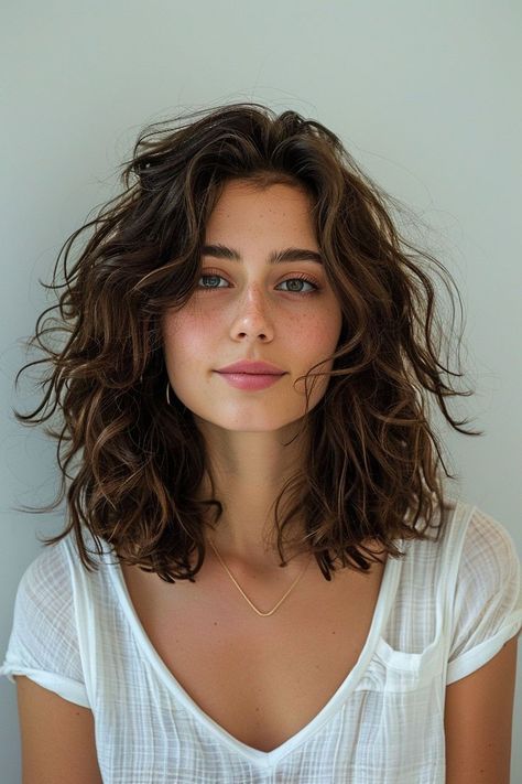 Shaggy Naturally Wavy Hair, Medium Short Hairstyle Women Wavy Hair, Collarbone Length Hair With Layers Curly, Lob With Bangs Curly Hair, Medium Length Wavy Hair Curtain Bangs, Below Shoulder Curly Hair, Hairstyles Curls Medium, Curly Hair Lob Shoulder Length, Wavy Hair Collarbone Length