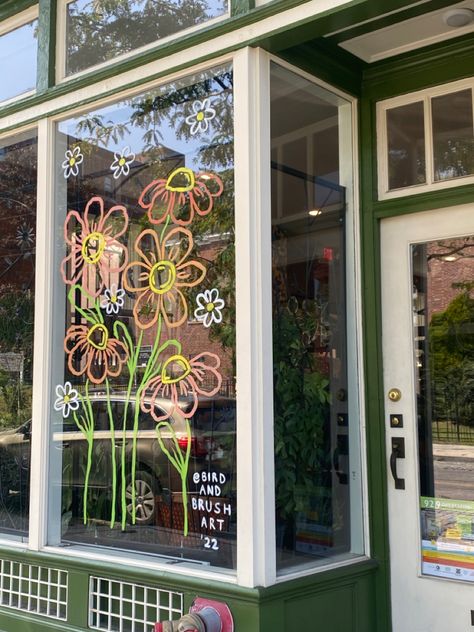 Diy Window Art Ideas, Cherry Blossom Window Display, Cafe Window Painting, Mother’s Day Window Painting, Spring Window Ideas, Window Display Painting, Window Display Art, Spring Window Drawing, Spring Window Decor