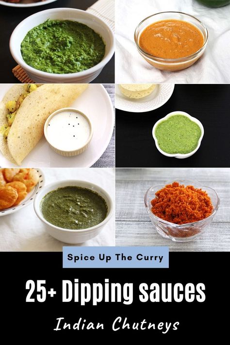 Find the collection of 25 chutney recipes or dipping sauce recipes. Many coconut based chutneys are served as a side dish with your meal or dosa, idli, rice. Few specific chutneys like green chutney, meethi chutney or garlic chutney are used in chaat recipes or as a side with pakora, samosa and other snacks. This list also includes few dip recipes for your chips or falafel. Pakora Sauce Recipe, Chutney Sauce Recipe, Indian Popadom Dips, Pakora Dipping Sauce, Indian Sauces Chutney Recipes, Indian Chutney Recipes Dips, Dip For Samosas, Dips And Sauces Recipes, Indian Samosa Dipping Sauce