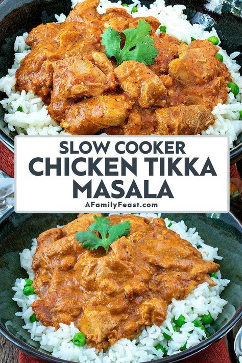 Slow Cooker Chicken Tikka Masala has super tender chunks of chicken in a creamy tomato sauce, seasoned with Indian spices. Chicken Tikka Masala Crockpot, Tikka Masala Crockpot, Chicken Tiki Masala, Best Chicken Taco Recipe, Tacos Crockpot, Slow Cooker Tikka Masala, Slow Cooker Chicken Tikka Masala, Tandori Chicken, Healthy Taco Recipes