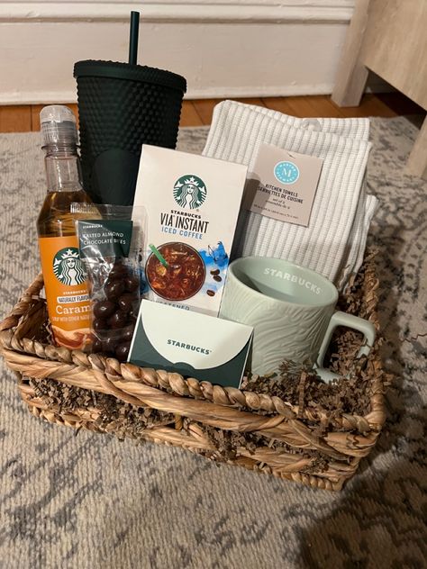 Coffee Bundle Gift, Starbucks Themed Gift Basket, Boba Gift Basket, Ice Coffee Gift Basket, Women Raffle Basket Ideas, Christmas Basket Aesthetic, Birthday Gift For Coworker Ideas, Goodbye Basket For Coworker, Big Gift Basket Ideas