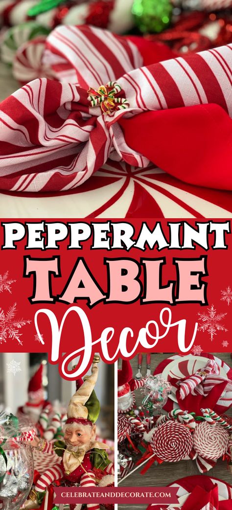 How can a table not be FUN when it is a peppermint tablescape? Just begin by building a centerpiece around all kinds of candy cane ornaments! Peppermint Christmas Decorations, Christmas Dining Table Decorations, Dining Table Decorations, Sweet Thoughts, Candy Cane Crafts, Christmas Dining Table Decor, Candy Cane Decorations, Gingerbread Christmas Decor, Christmas Dining Table